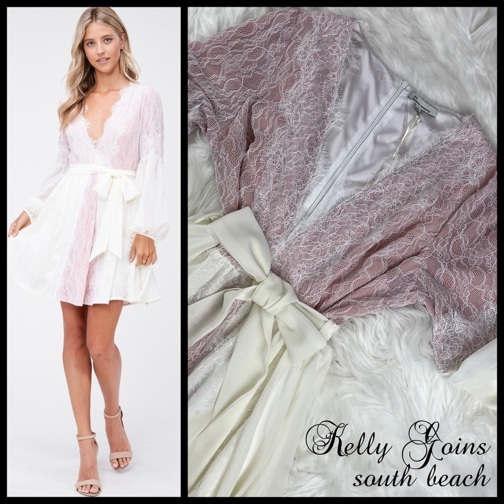 KGSB Collection Luxury Boutique Silky Lace Overlay Sexy Deep V-Neck Mini Dress